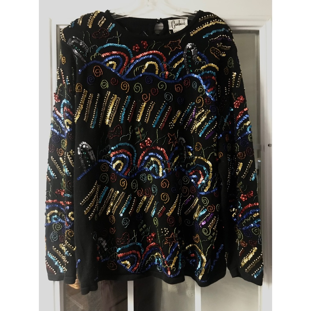 Carducci Black Beaded Sequin Long‎ Sleeve Sweater Top Women's L